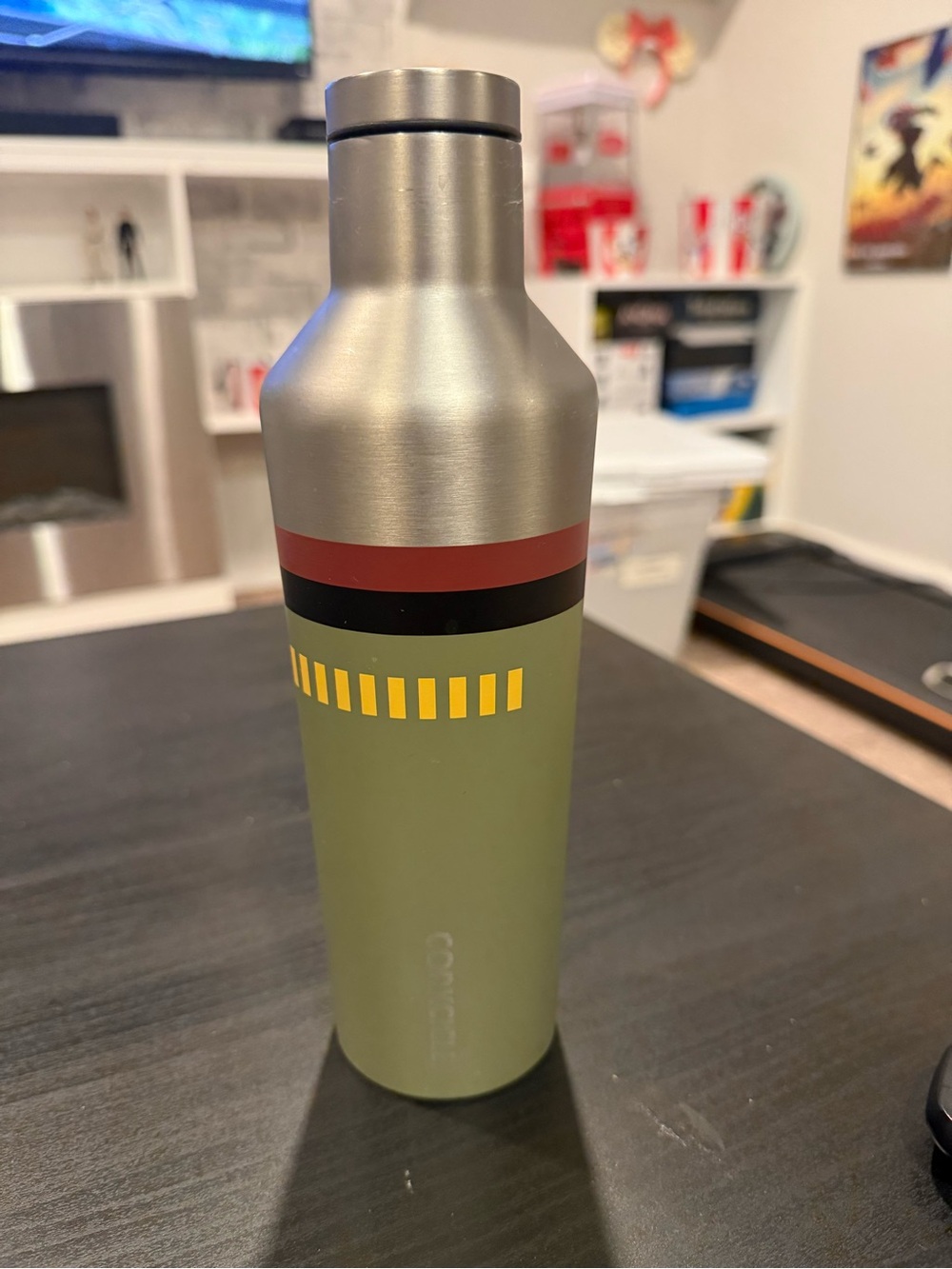 Corkcicle Olive Green Insulated Bottle with Red, Black and Yellow Accents